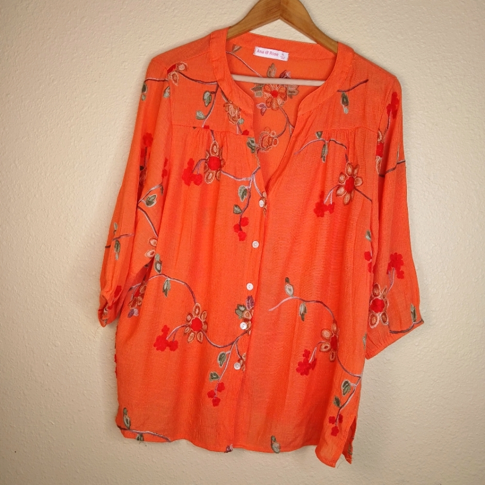 Ana & Rose Embroidered Orange Floral Boho Tunic Top Size XLarge Button Down